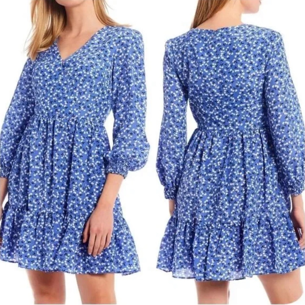 Eliza J - Royal Blue Dress, floral with little cherries, long sleeve, size 16